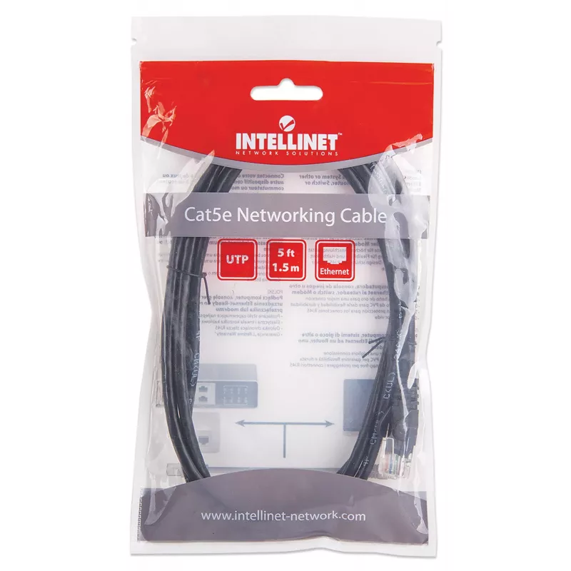 Intellinet võrgukommutaatorikaabel, Cat5e, 1,5 m, must, CCA, U/UTP, PVC, RJ45, kullatud kontaktid, takerdumisvastane, kaitsemuhviga, eluaegne garantii