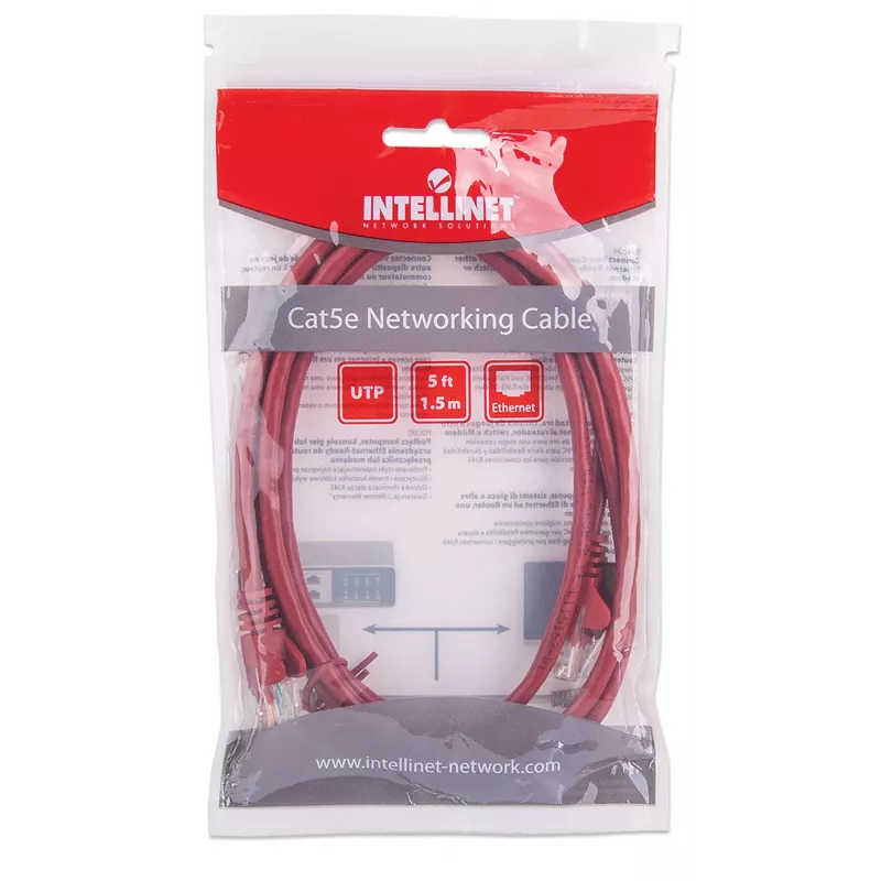 Intellinet võrguparanduskaabel, Cat5e, 1,5 m, punane, CCA, U/UTP, PVC, RJ45, kullatud kontaktid, tõmblukuta, saapaga, eluaegne garantii