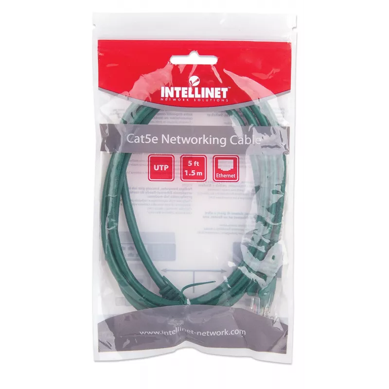Intellinet võrgujuhtmeparanduskaabel, Cat5e, 1,5 m, roheline, CCA, U/UTP, PVC, RJ45, kullatud kontaktid, tõmbetakistuseta, kaitsemuhviga, eluaegne garantii