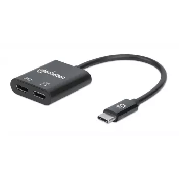 Manhattan USB-C - USB-C heliadapter ja USB-C (sh toiteedastus), must, 480 Mbit/s (USB 2.0), kaabel 11 cm, toiteedastusega USB-C pordile (60 W), kolmeaastane garantii
