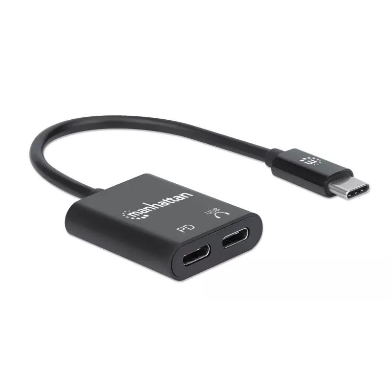 Manhattan USB-C - USB-C heliadapter ja USB-C (sh toiteedastus), must, 480 Mbit/s (USB 2.0), kaabel 11 cm, toiteedastusega USB-C pordile (60 W), kolmeaastane garantii