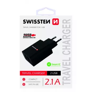 Toiteadapter SWISSTEN Travel Charger SW-21A105W-BK, 2×USB, 2,1 A pordi kohta (kokku 10,5 W)
