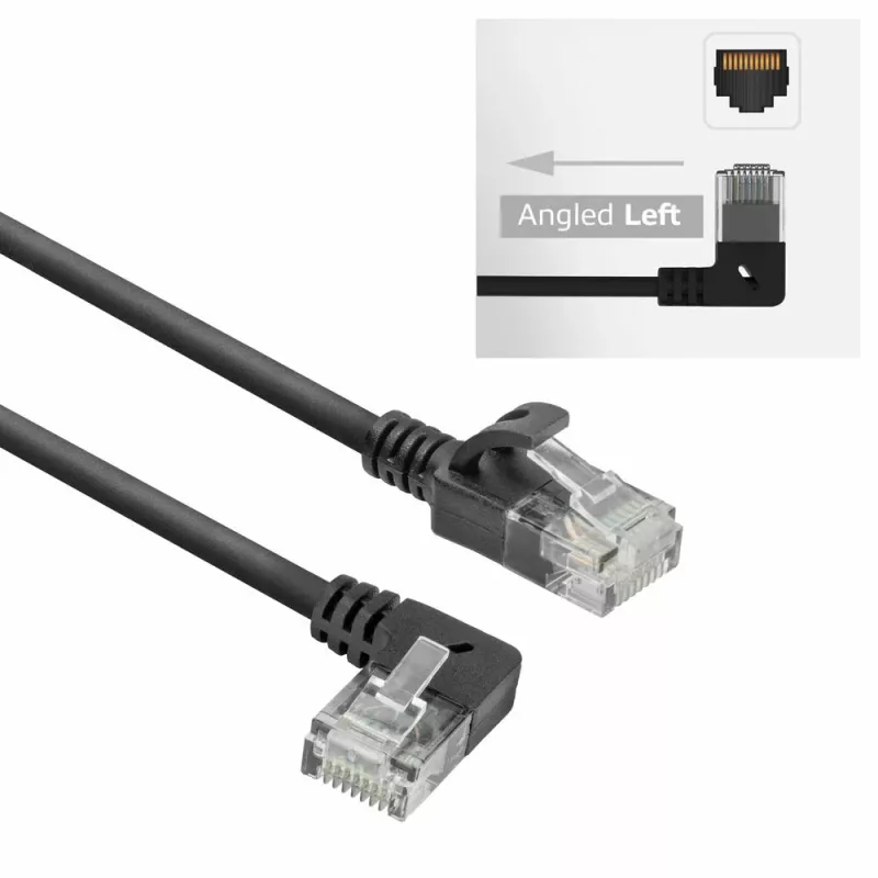 ACT Must 2 m U/UTP CAT6A LSZH õhuke patch-kaabel, RJ45 pistikud, 90° nurga all vasakule – otse