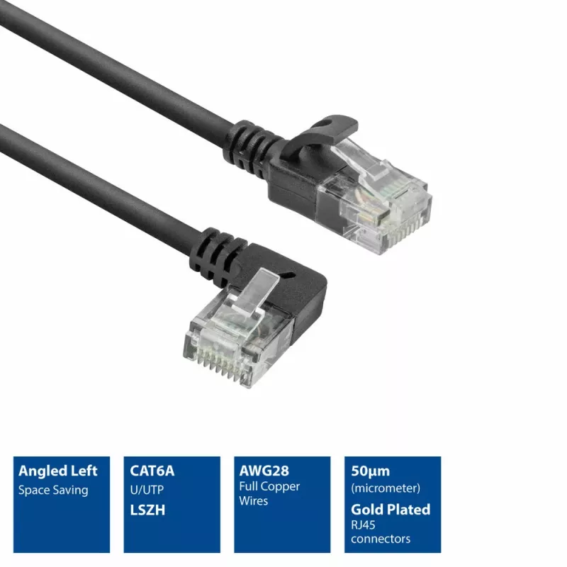 ACT Must 2 m U/UTP CAT6A LSZH õhuke patch-kaabel, RJ45 pistikud, 90° nurga all vasakule – otse