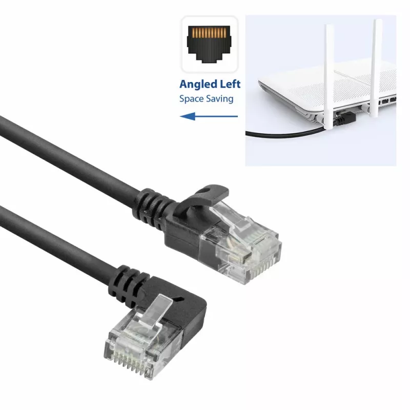 ACT Must 2 m U/UTP CAT6A LSZH õhuke patch-kaabel, RJ45 pistikud, 90° nurga all vasakule – otse