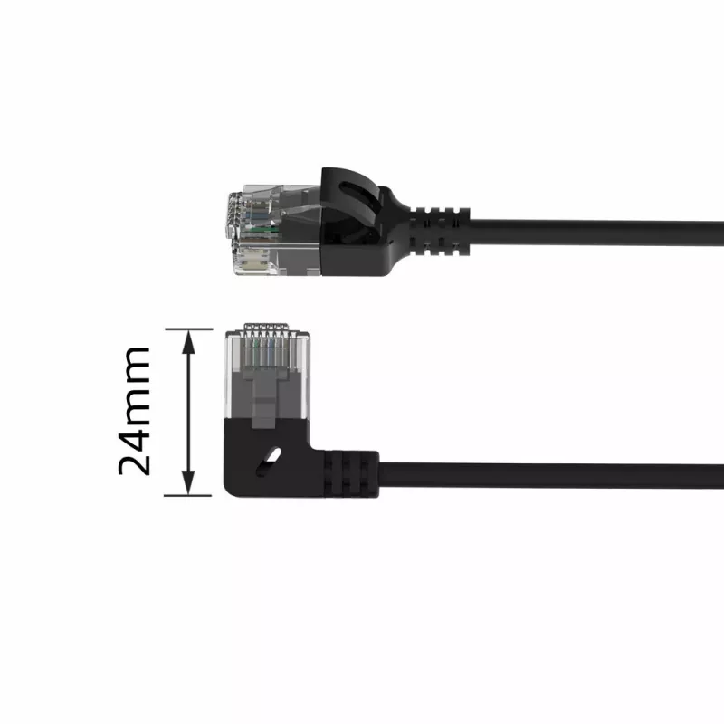 ACT Must 2 m U/UTP CAT6A LSZH õhuke patch-kaabel, RJ45 pistikud, 90° nurga all vasakule – otse