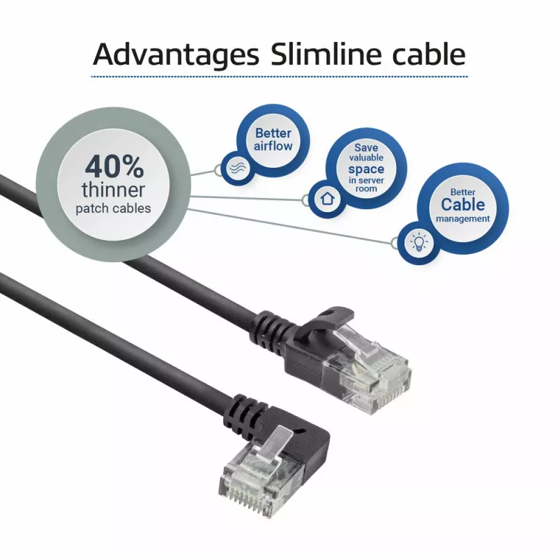 ACT Must 2 m U/UTP CAT6A LSZH õhuke patch-kaabel, RJ45 pistikud, 90° nurga all vasakule – otse