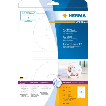 CD sildid HERMA A4 Ø 116 mm valge paber matt läbipaistmatu 50 tk