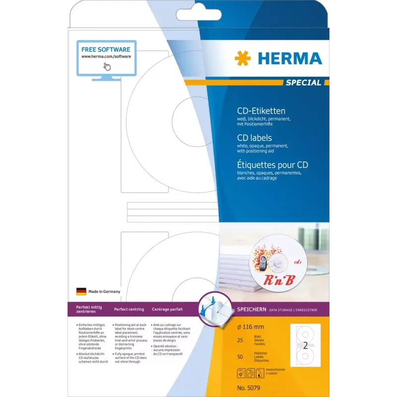 CD sildid HERMA A4 Ø 116 mm valge paber matt läbipaistmatu 50 tk