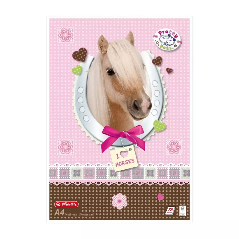 Herlitz Pretty Pets joonistusplokk A4, 75 lehte, 70 g/m2, erinevad kujundused, 5-pakk