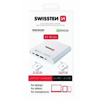 Reisilaadija SWISSTEN SW-TCH-87W-PD30-QC30-W — 87 W, PD 3.0, QC 3.0, nutitelefonidele ja sülearvutitele