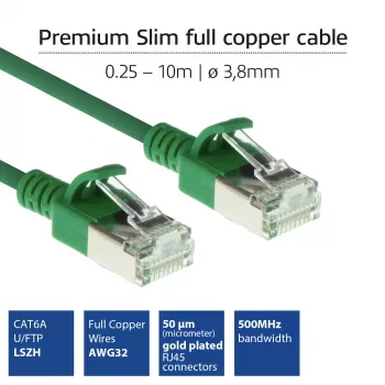 ACT roheline 0,25 m LSZH U/FTP CAT6A andmekeskuse slimline ühenduskaabel, tõmblukuvaba RJ45-pistikutega