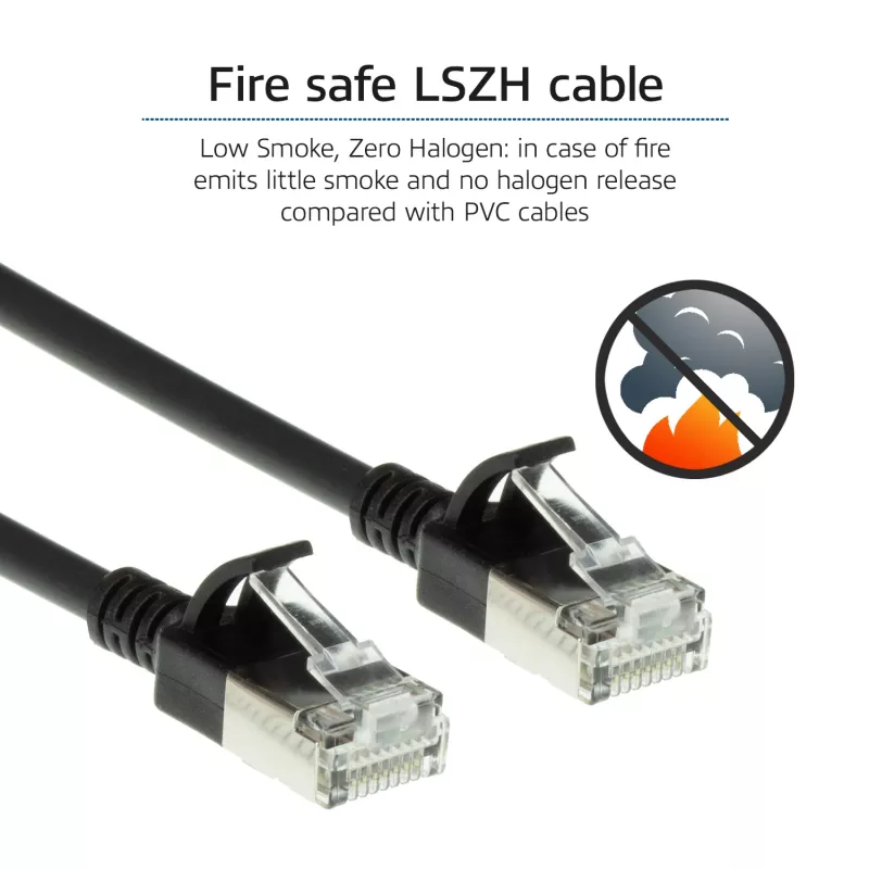 ACT Must 5 meetrit LSZH U/FTP CAT6A andmekeskuse slimline patch-kaabel snagless RJ45-pistikutega
