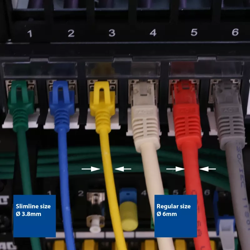 ACT Must 5 meetrit LSZH U/FTP CAT6A andmekeskuse slimline patch-kaabel snagless RJ45-pistikutega