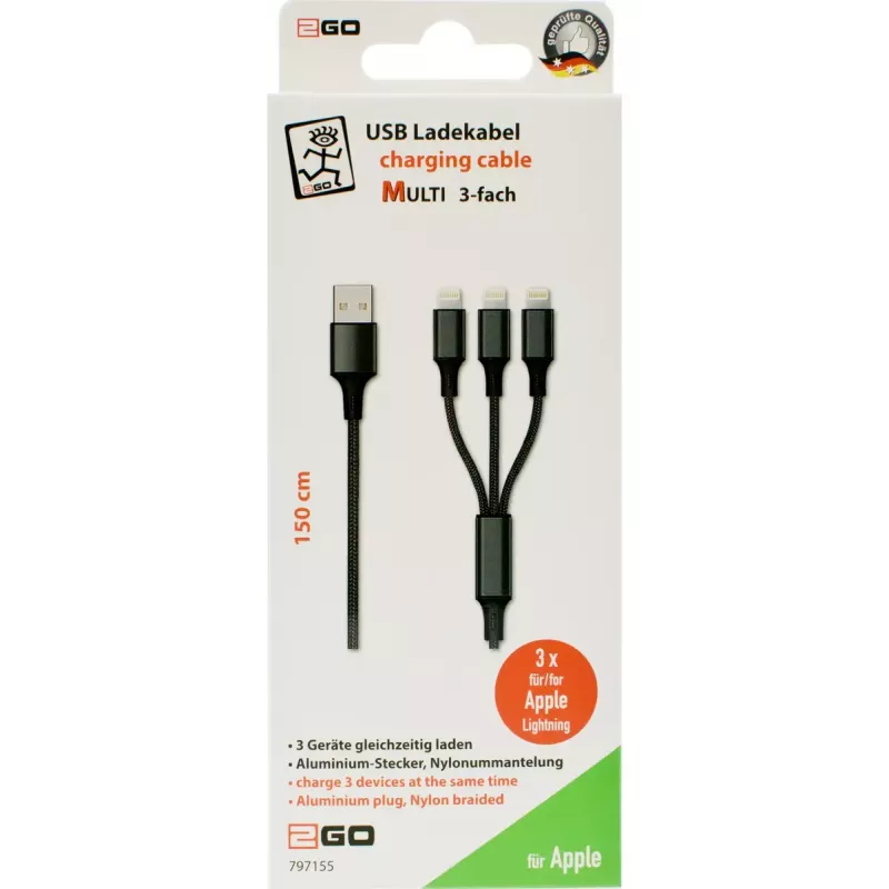 Lightning-kaabel 2GO 797155 1,5 m must USB B USB C Micro-USB B