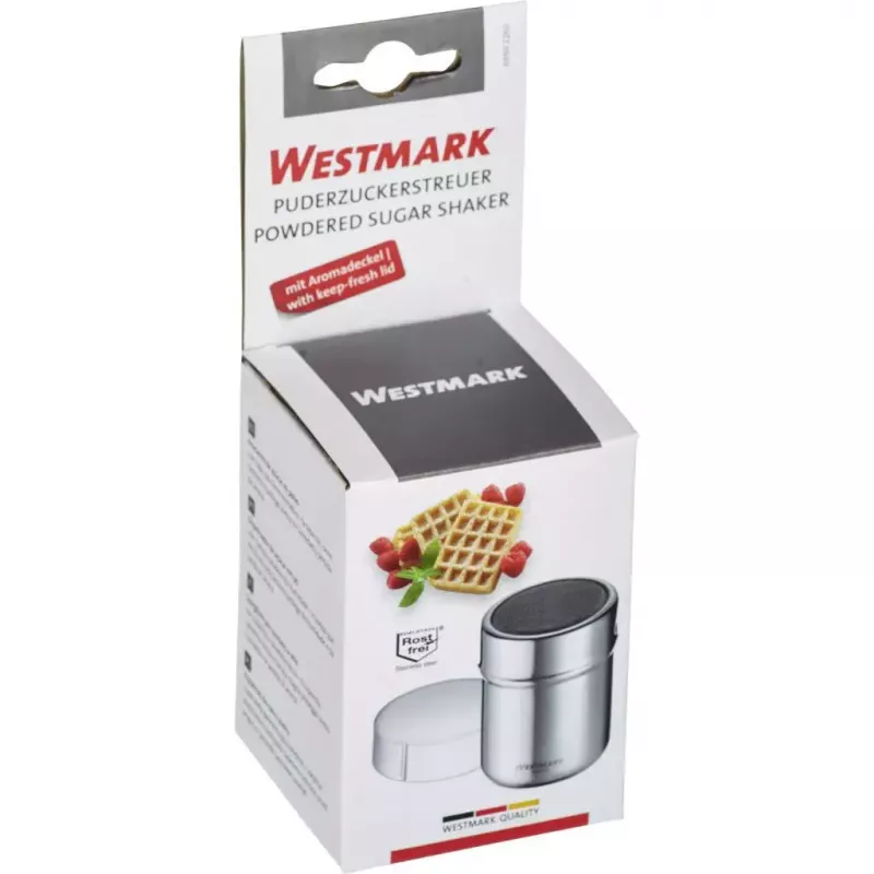 Suhkrudosaator Westmark 69502260 — ümmargune roostevabast terasest korpus polüpropüleenkomponentidega, 62×62×82 mm