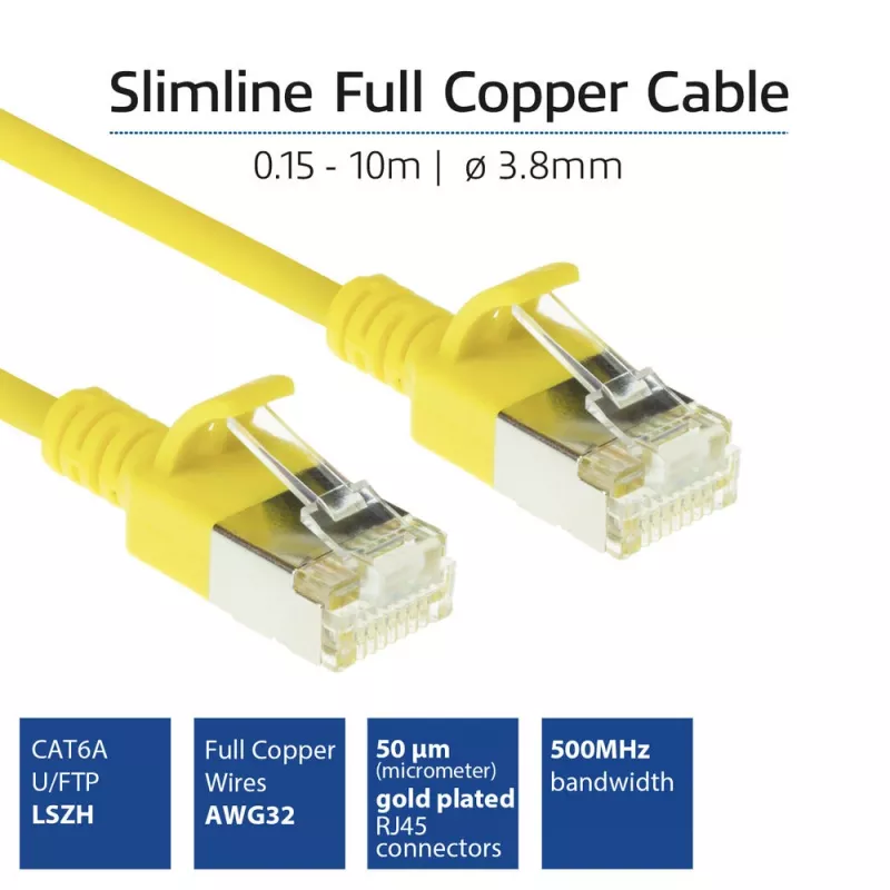 ACT kollane 7 m LSZH U/FTP CAT6A andmekeskuse õhuke ühenduskaabel RJ45-pistikutega
