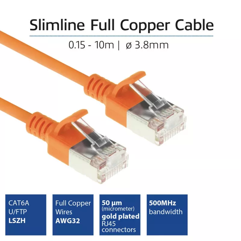 ACT oranž 2-meetrine LSZH U/FTP CAT6A andmekeskuse õhuke patch-kaabel RJ45 pistikutega