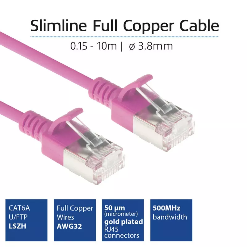 ACT roosa 1 meeter LSZH U/FTP CAT6A andmekeskuse õhuke patch-kaabel RJ45 pistikutega