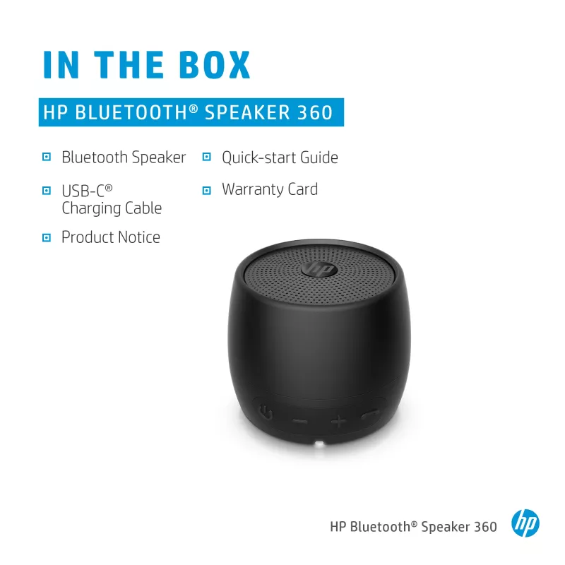HP must kõlar Bluetooth 360, juhtmega ja juhtmeta, mono kaasaskantav kõlar, must, silinder, nupud, universaalne