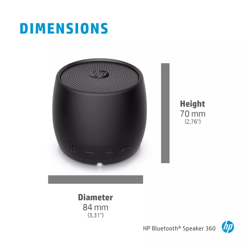 HP must kõlar Bluetooth 360, juhtmega ja juhtmeta, mono kaasaskantav kõlar, must, silinder, nupud, universaalne