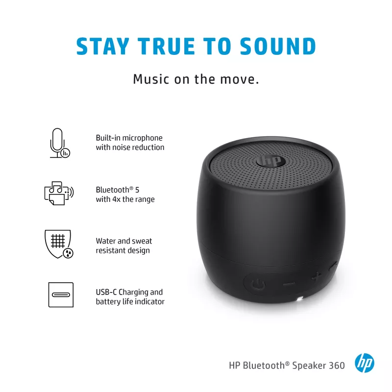 HP must kõlar Bluetooth 360, juhtmega ja juhtmeta, mono kaasaskantav kõlar, must, silinder, nupud, universaalne