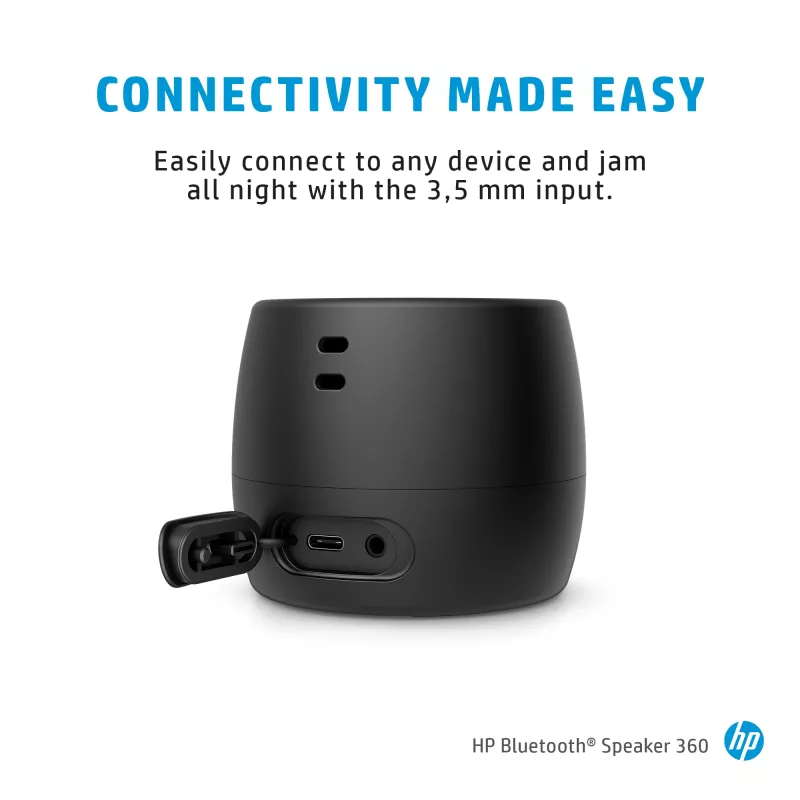 HP must kõlar Bluetooth 360, juhtmega ja juhtmeta, mono kaasaskantav kõlar, must, silinder, nupud, universaalne