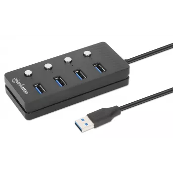 Manhattan USB-C dokk/jaotur, 4 porti iga pordi sisse-/väljalülitiga: USB-A (x4), 5 Gbps (USB 3.2 Gen1 ehk USB 3.0), universaalne kõigile seadmetele, siini- või vahelduvvoolutoide (valikuline pistik, ei kuulu komplekti), 1,5 m kaabel, SuperSpeed USB, must, 3-aastane garantii