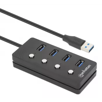 Manhattan USB-C dokk/jaotur, 4 porti iga pordi sisse-/väljalülitiga: USB-A (x4), 5 Gbps (USB 3.2 Gen1 ehk USB 3.0), universaalne kõigile seadmetele, siini- või vahelduvvoolutoide (valikuline pistik, ei kuulu komplekti), 1,5 m kaabel, SuperSpeed USB, must, 3-aastane garantii