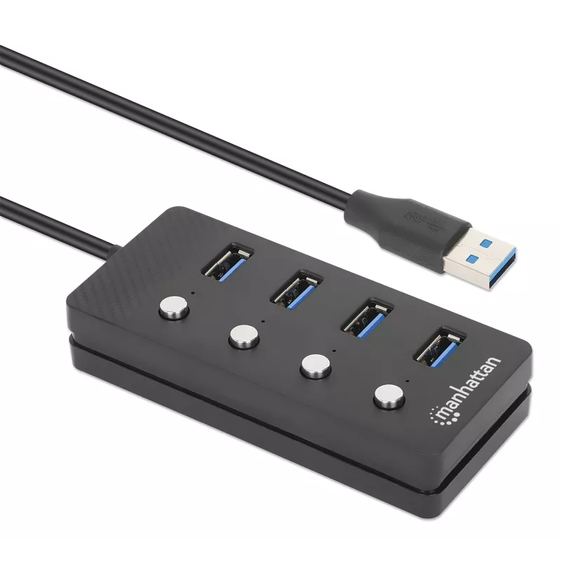 Manhattan USB-C dokk/jaotur, 4 porti iga pordi sisse-/väljalülitiga: USB-A (x4), 5 Gbps (USB 3.2 Gen1 ehk USB 3.0), universaalne kõigile seadmetele, siini- või vahelduvvoolutoide (valikuline pistik, ei kuulu komplekti), 1,5 m kaabel, SuperSpeed USB, must, 3-aastane garantii