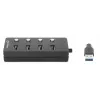 Manhattan USB-C dokk/jaotur, 4 porti iga pordi sisse-/väljalülitiga: USB-A (x4), 5 Gbps (USB 3.2 Gen1 ehk USB 3.0), universaalne kõigile seadmetele, siini- või vahelduvvoolutoide (valikuline pistik, ei kuulu komplekti), 1,5 m kaabel, SuperSpeed USB, must, 3-aastane garantii