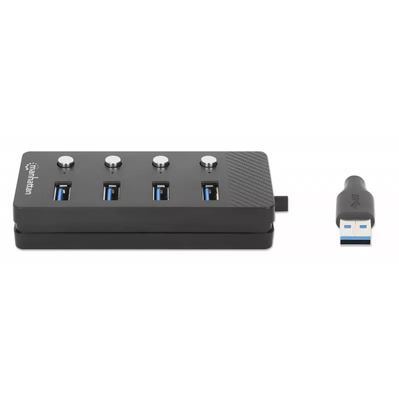 Manhattan USB-C dokk/jaotur, 4 porti iga pordi sisse-/väljalülitiga: USB-A (x4), 5 Gbps (USB 3.2 Gen1 ehk USB 3.0), universaalne kõigile seadmetele, siini- või vahelduvvoolutoide (valikuline pistik, ei kuulu komplekti), 1,5 m kaabel, SuperSpeed USB, must, 3-aastane garantii
