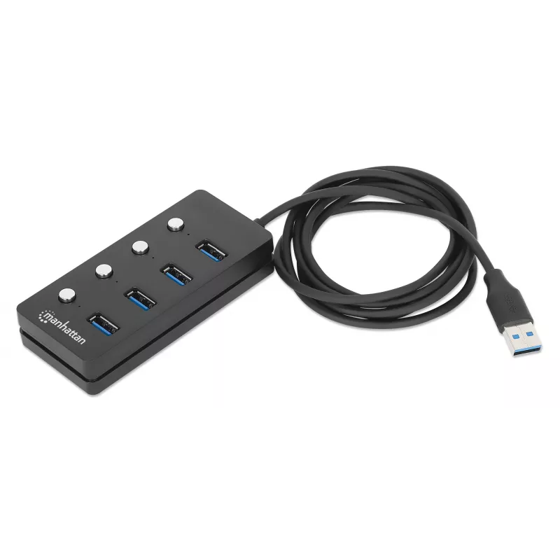 Manhattan USB-C dokk/jaotur, 4 porti iga pordi sisse-/väljalülitiga: USB-A (x4), 5 Gbps (USB 3.2 Gen1 ehk USB 3.0), universaalne kõigile seadmetele, siini- või vahelduvvoolutoide (valikuline pistik, ei kuulu komplekti), 1,5 m kaabel, SuperSpeed USB, must, 3-aastane garantii