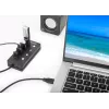 Manhattan USB-C dokk/jaotur, 4 porti iga pordi sisse-/väljalülitiga: USB-A (x4), 5 Gbps (USB 3.2 Gen1 ehk USB 3.0), universaalne kõigile seadmetele, siini- või vahelduvvoolutoide (valikuline pistik, ei kuulu komplekti), 1,5 m kaabel, SuperSpeed USB, must, 3-aastane garantii