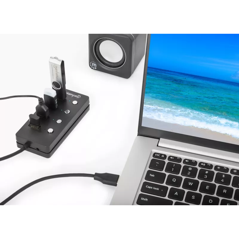 Manhattan USB-C dokk/jaotur, 4 porti iga pordi sisse-/väljalülitiga: USB-A (x4), 5 Gbps (USB 3.2 Gen1 ehk USB 3.0), universaalne kõigile seadmetele, siini- või vahelduvvoolutoide (valikuline pistik, ei kuulu komplekti), 1,5 m kaabel, SuperSpeed USB, must, 3-aastane garantii
