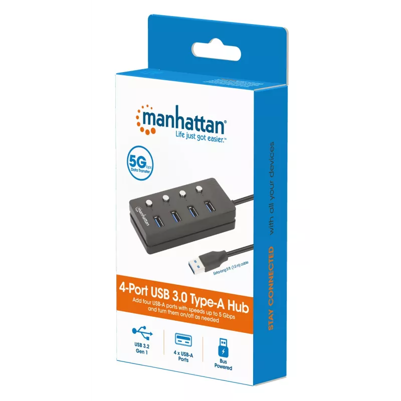 Manhattan USB-C dokk/jaotur, 4 porti iga pordi sisse-/väljalülitiga: USB-A (x4), 5 Gbps (USB 3.2 Gen1 ehk USB 3.0), universaalne kõigile seadmetele, siini- või vahelduvvoolutoide (valikuline pistik, ei kuulu komplekti), 1,5 m kaabel, SuperSpeed USB, must, 3-aastane garantii