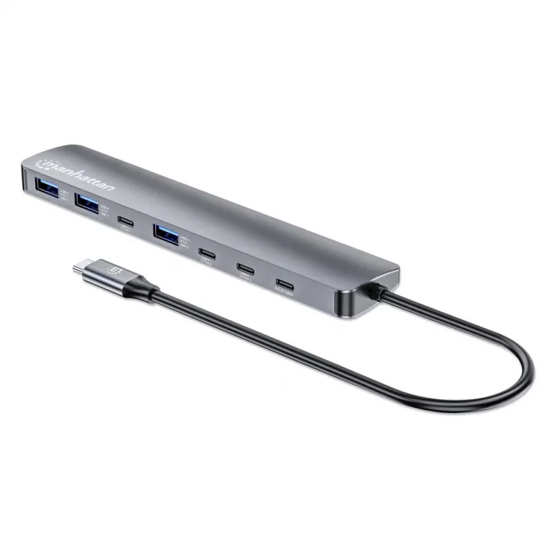 Manhattan USB-C dokk/jaotur, pordid (x7): USB-A (x3) ja USB-C (x4), toiteedastusega (PD) 100W – vajab välist USB-C laadijat (ei kuulu komplekti). USB-toitega (välist toiteplokki pole vaja), kui PD-d ei kasutata. Alumiinium.