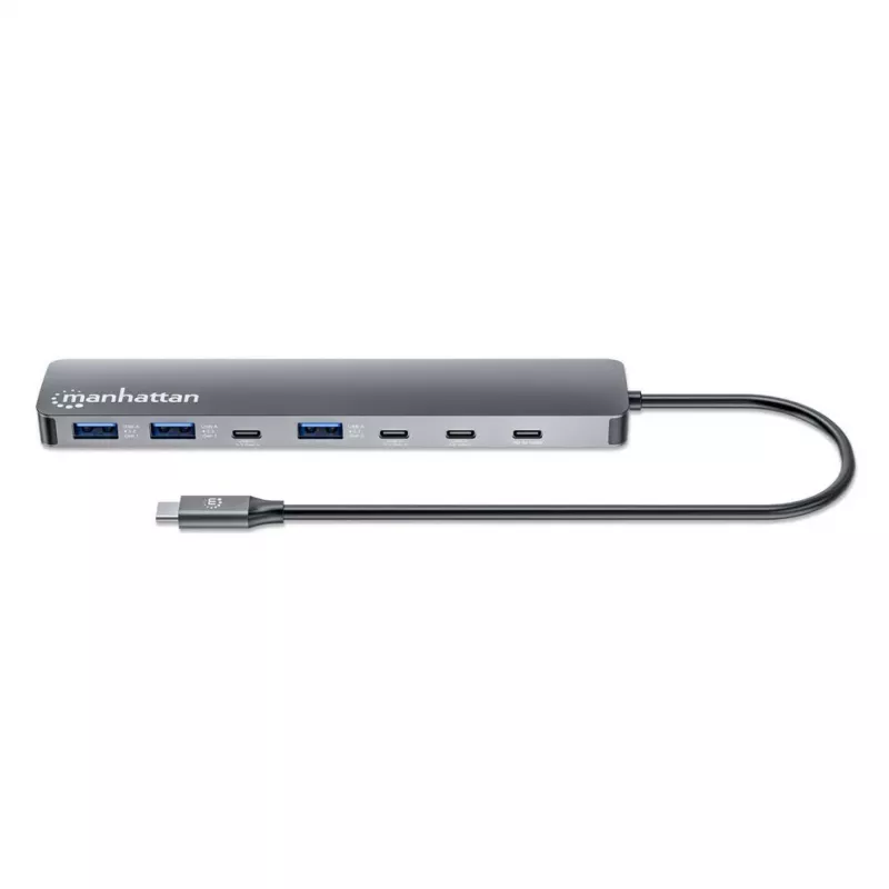 Manhattan USB-C dokk/jaotur, pordid (x7): USB-A (x3) ja USB-C (x4), toiteedastusega (PD) 100W – vajab välist USB-C laadijat (ei kuulu komplekti). USB-toitega (välist toiteplokki pole vaja), kui PD-d ei kasutata. Alumiinium.