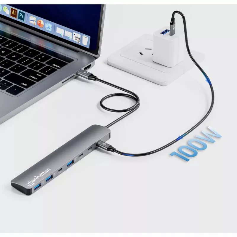 Manhattan USB-C dokk/jaotur, pordid (x7): USB-A (x3) ja USB-C (x4), toiteedastusega (PD) 100W – vajab välist USB-C laadijat (ei kuulu komplekti). USB-toitega (välist toiteplokki pole vaja), kui PD-d ei kasutata. Alumiinium.
