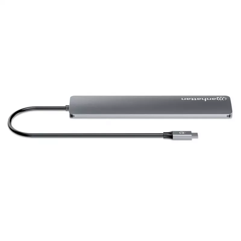 Manhattan USB-C dokk/jaotur, pordid (x7): USB-A (x3) ja USB-C (x4), toiteedastusega (PD) 100W – vajab välist USB-C laadijat (ei kuulu komplekti). USB-toitega (välist toiteplokki pole vaja), kui PD-d ei kasutata. Alumiinium.