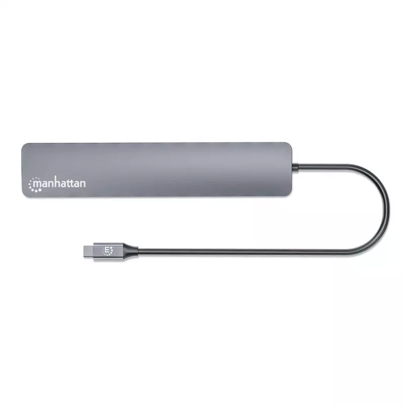 Manhattan USB-C dokk/jaotur, pordid (x7): USB-A (x3) ja USB-C (x4), toiteedastusega (PD) 100W – vajab välist USB-C laadijat (ei kuulu komplekti). USB-toitega (välist toiteplokki pole vaja), kui PD-d ei kasutata. Alumiinium.