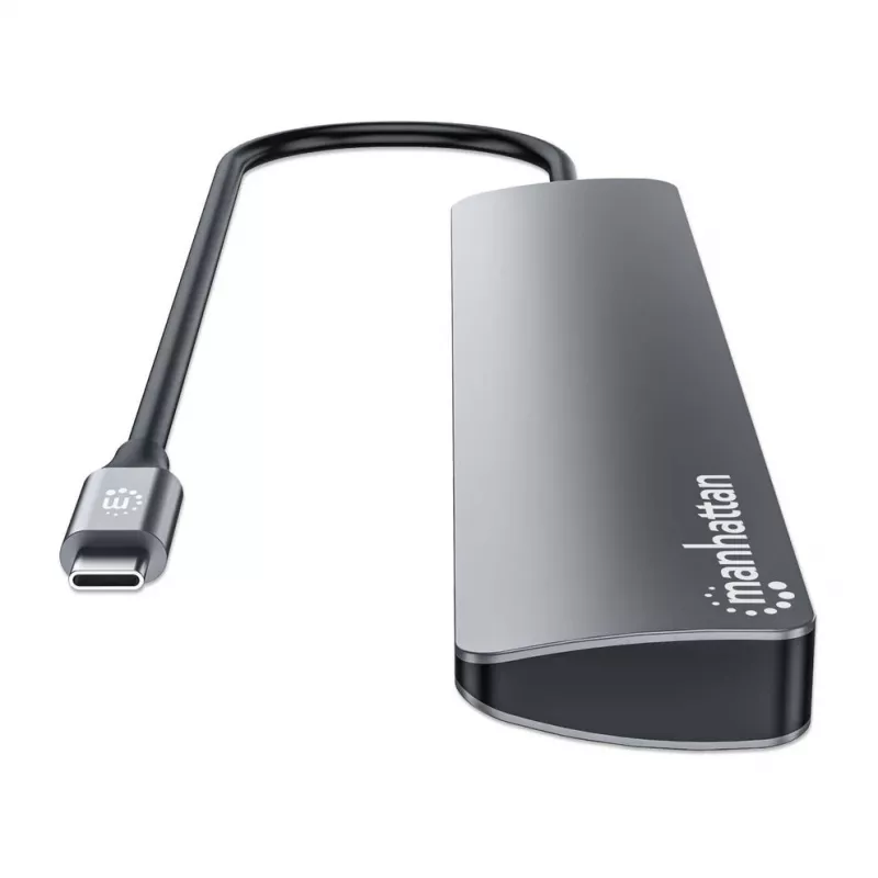 Manhattan USB-C dokk/jaotur, pordid (x7): USB-A (x3) ja USB-C (x4), toiteedastusega (PD) 100W – vajab välist USB-C laadijat (ei kuulu komplekti). USB-toitega (välist toiteplokki pole vaja), kui PD-d ei kasutata. Alumiinium.