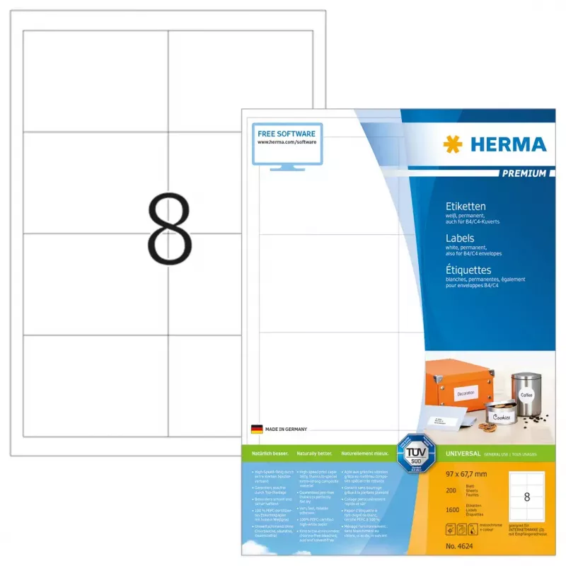 HERMA Premium A4 etiketid 97x67,7 mm valge paber matt 1600 tk