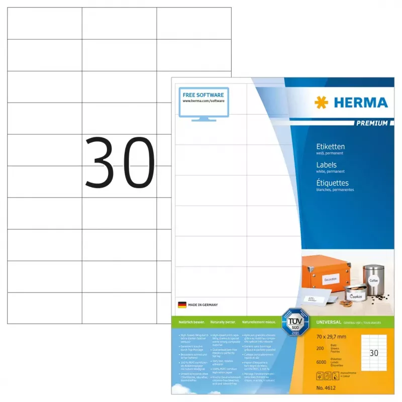 Kleebised HERMA Premium A4 70x29,7 mm valge paber matt 6000 tk