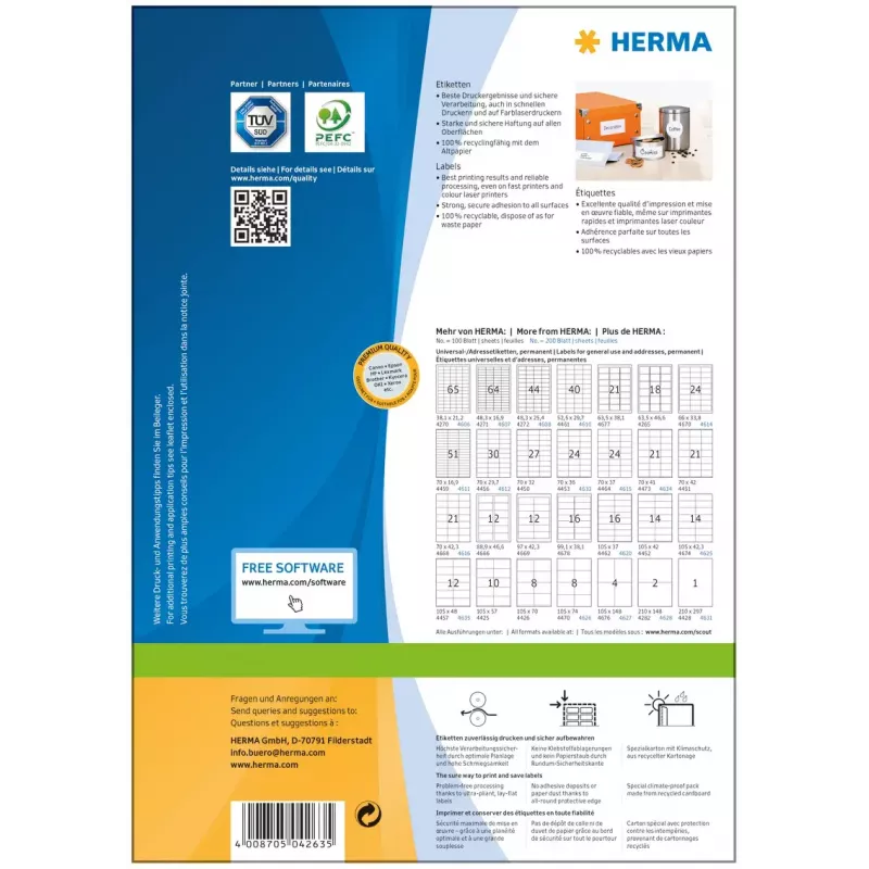 Isekleepuv printerisilt HERMA Premium A4 70x33,8 mm 2400 tk