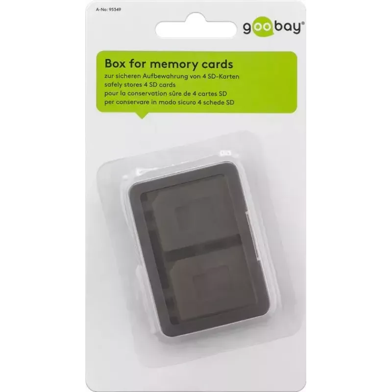 Mälukaardi hoiukarp GOOBAY 95349 — mahutab 4 kaarti, ühildub SD/MicroSD/MMC-ga, hall läbipaistev plastik
