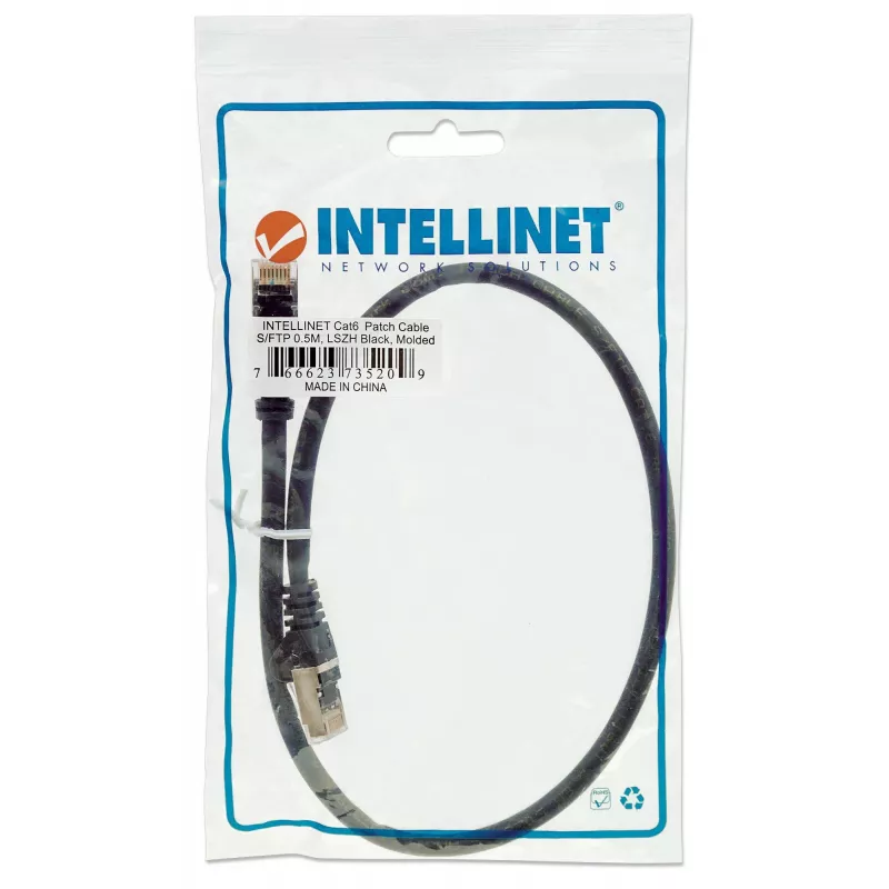 Intellinet Network patch-kaabel, Cat6, 0.5m, Must, Copper, S/FTP, LSOH / LSZH, PVC, RJ45, Gold Plated Contacts, Snagless, Booted, Lifetime Warranty