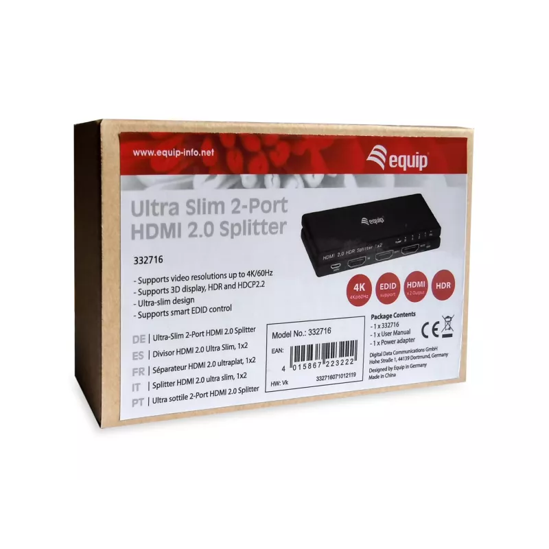 Equip üliõhuke 2-pordiline HDMI 2.0 jaotur