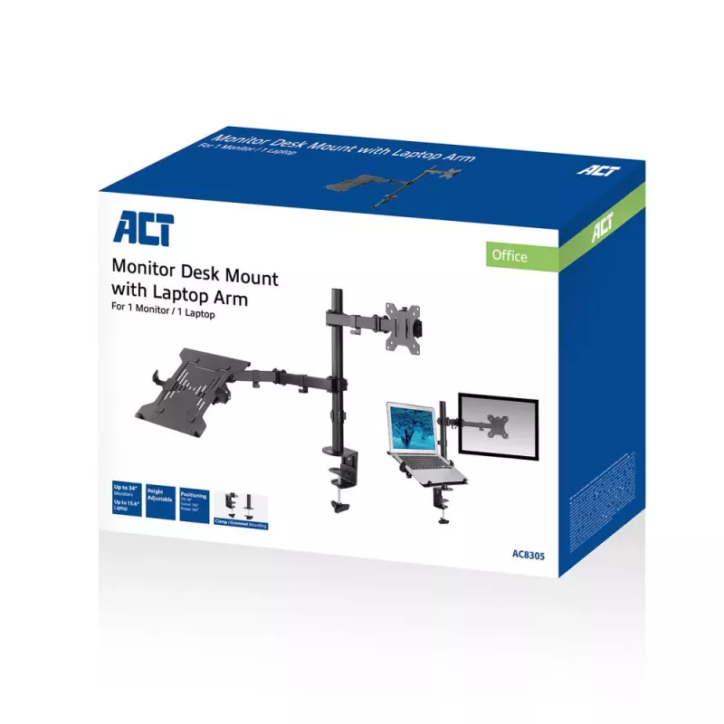 Sülearvuti ja monitori käsi ACT AC8305 kõrguse reguleerimine 0-450mm