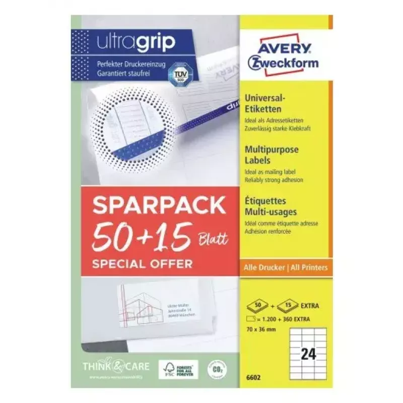 Isekleepuv printerisilt AVERY 6602 valge 7x3,6 cm 1560 tk